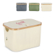 Panier rectangulaire en textile rigide avec cadre en bambou et couvercle assorti, présenté en plusieurs coloris, marquage visibl
