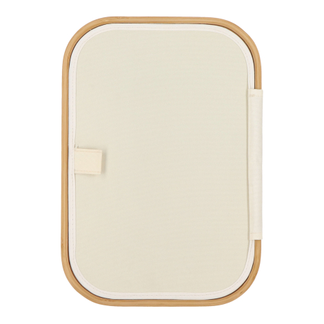 Couvercle du panier vu de dessus, de forme rectangulaire avec angles arrondis, bordure en bambou et surface textile uniforme, sa