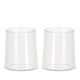 Deux verres transparents vus de face, de forme légèrement conique, sans marquage visible.