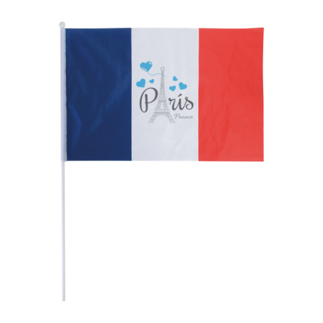 Drapeau tricolore présenté de face, affichant une personnalisation centrée sur la zone blanche.