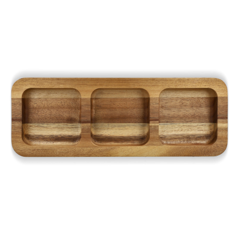 Plateau en acacia présenté en vue verticale avec trois compartiments creusés sur toute la longueur, sans personnalisation visibl