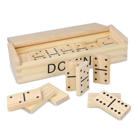 Coffret ouvert contenant des dominos en bois, plusieurs pièces disposées devant la boîte, sans personnalisation visible.