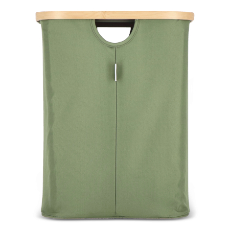 Vue arrière d’un panier en tissu vert avec poignée découpée sous le cadre en bambou, sans personnalisation apparente.