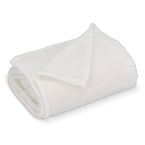 Plaid blanc roulé montrant la texture polaire douce et les bords épais, sans personnalisation visible.