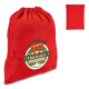 Sac cadeau en feutre rouge présenté debout avec marquage visible sur la face avant et cordon de serrage assorti.