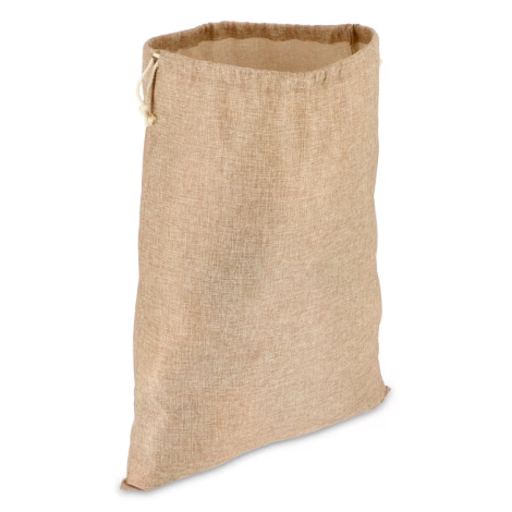 Sac ouvert vu de trois quarts montrant l’intérieur et la texture jute, sans personnalisation visible.