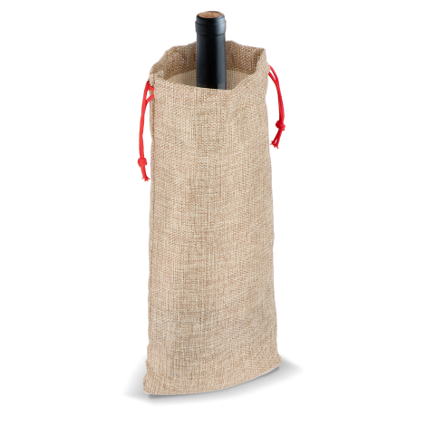 Pochette vue de trois quarts contenant une bouteille, montrant la texture jute et les cordons rouges, sans personnalisation visi