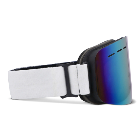 Vue latérale du masque de ski avec sangle blanche réglable et monture foncée, sans marquage apparent sur cette face.
