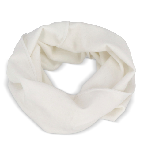Écharpe multifonction unie blanche présentée à plat en position circulaire, sans marquage apparent, mettant en avant la matière 