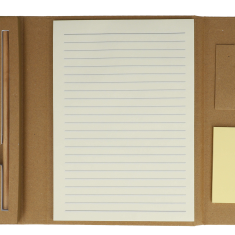 Zoom sur la zone centrale ouverte montrant le bloc-notes ligné et accessoires, sans personnalisation visible.