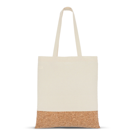 Sac cabas suspendu par les anses, présenté de face, mettant en évidence la surface en coton et la bande inférieure en liège, san
