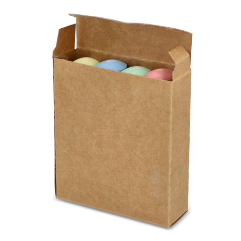 Vue de trois quarts de la boîte kraft ouverte présentant les quatre craies colorées, sans marquage apparent sur le panneau avant