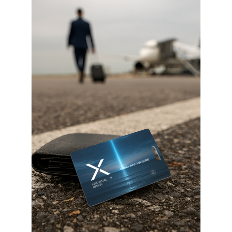 SmarTag posé sur un portefeuille en extérieur, carte visible de face avec surface imprimée sombre et éléments graphiques, arrièr