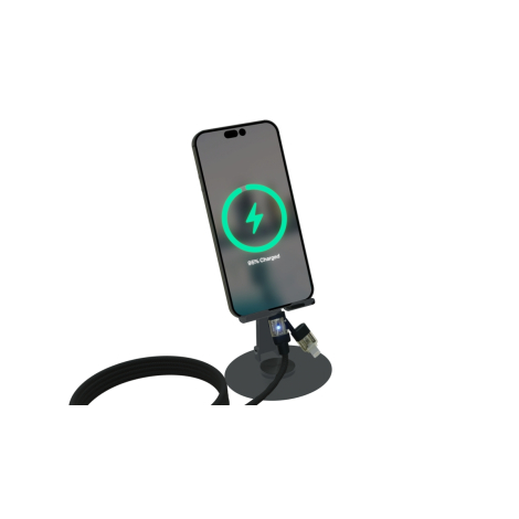 Mise en situation montrant un smartphone posé sur le support avec écran affichant un indicateur de charge, câble connecté au tél