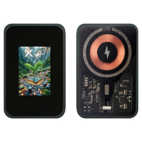 Vue du produit montrant face avant avec écran allumé et face arrière transparente laissant apparaître des composants internes, p