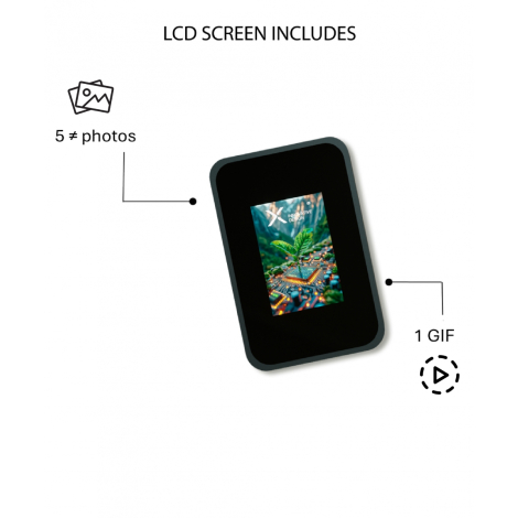 Visuel explicatif sur fond blanc avec powerbank inclinée, éléments graphiques et textes informatifs, écran LCD allumé affichant 