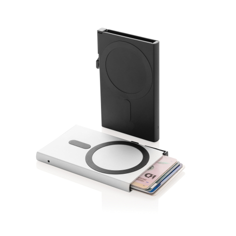 Porte-cartes magnétique présenté seul sur fond blanc en position ouverte, laissant apparaître plusieurs cartes à l’intérieur, av