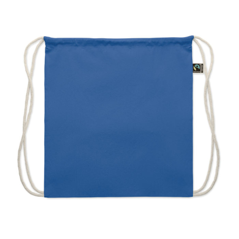 Sac à cordon en coton bleu présenté à plat sur fond blanc, avec cordons écrus et surface unie apparente, sans personnalisation v