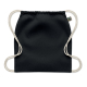 Sac à cordon en coton noir présenté sur fond blanc, avec cordons écrus et face arrière unie visible, sans marquage apparent.