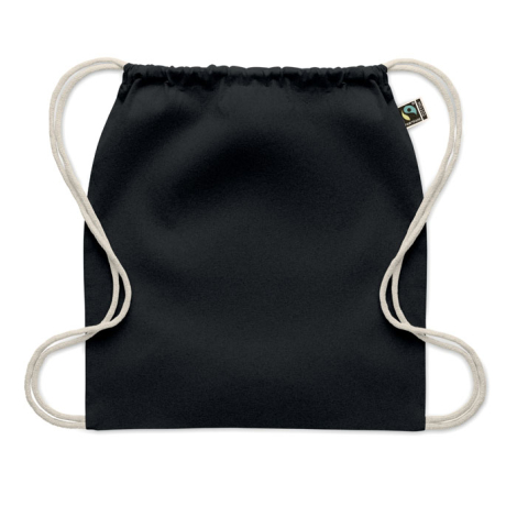 Sac à cordon en coton noir présenté sur fond blanc, avec cordons écrus et face arrière unie visible, sans marquage apparent.
