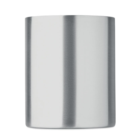 Vue rapprochée de la paroi extérieure d’un mug en acier inoxydable montrant une surface lisse et uniforme, sans marquage visible