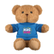 Peluche ourson assise présentée de face sur fond blanc, de couleur marron clair, portant un t-shirt bleu avec un marquage visibl
