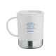 Mug à paroi simple présenté de face sur fond blanc avec poignée latérale et couvercle coulissant en place, base en acier inoxyda