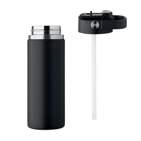 Vue de la bouteille et du couvercle séparés sur fond blanc avec paille visible fixée au couvercle, sans personnalisation visible