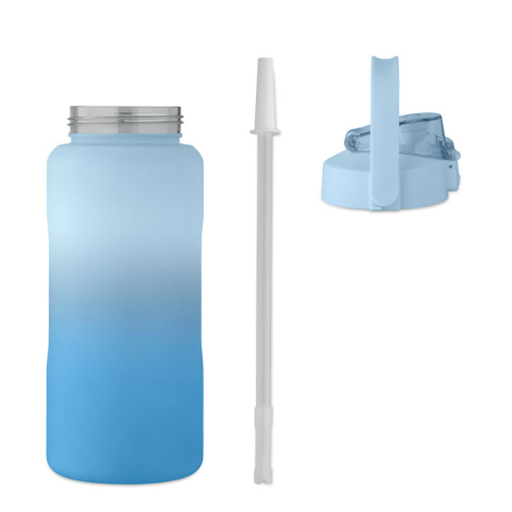 Présentation d’une bouteille démontée sur fond clair avec corps, paille interne et couvercle alignés, sans personnalisation visi