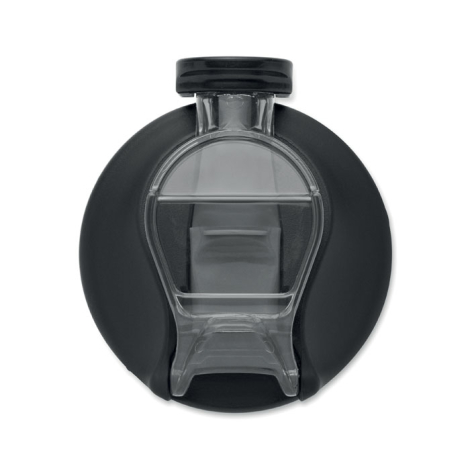 Vue de dessus du couvercle circulaire montrant le mécanisme de fermeture, le clapet transparent et le système de verrouillage, s