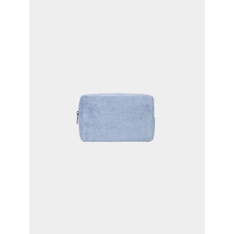 Trousse rectangulaire souple de couleur bleu clair, présentée de face sur fond neutre, fermeture zippée visible sur le côté gauc