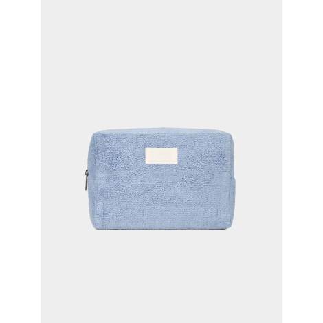 Trousse rectangulaire souple de couleur bleu clair, présentée de face sur fond neutre, fermeture zippée visible sur le côté gauc