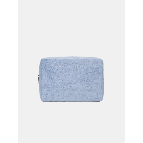 Trousse rectangulaire souple de couleur bleu clair, présentée de face sur fond neutre, fermeture zippée visible sur le côté gauc