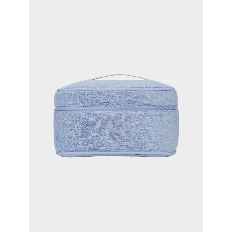 Vanity rectangulaire souple bleu clair, présenté de face sur fond neutre, avec poignée sur le dessus, sans personnalisation visi