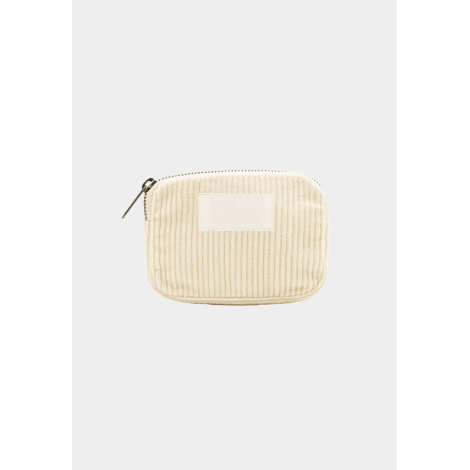 Porte-monnaie publicitaire personnalisable en velours coton bio clair, fermeture zippée latérale, présenté sans marquage visible