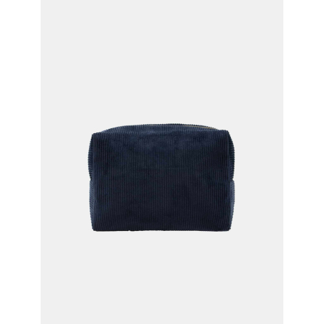 Pochette rectangulaire bleu foncé présentée de face avec fermeture zippée supérieure, face avant uniforme sans étiquette ni pers