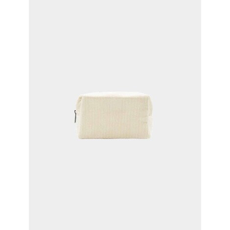 Pochette rectangulaire beige clair vue de face avec fermeture zippée supérieure, face avant uniforme sans étiquette ni personnal