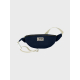 Sac banane enfant bleu foncé présenté de face sur fond uni avec fermeture zippée et sangle réglable claire, étiquette rectangula