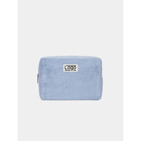 Trousse rectangulaire souple de couleur bleu clair, photographiée de face sur fond neutre, fermeture zippée visible sur le côté 