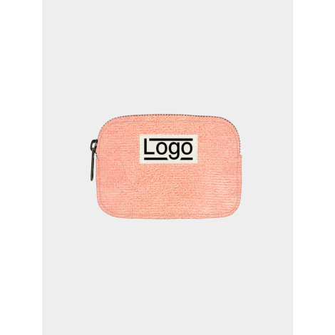 Porte-monnaie publicitaire personnalisable rose corail avec impression centrée sur la face avant.