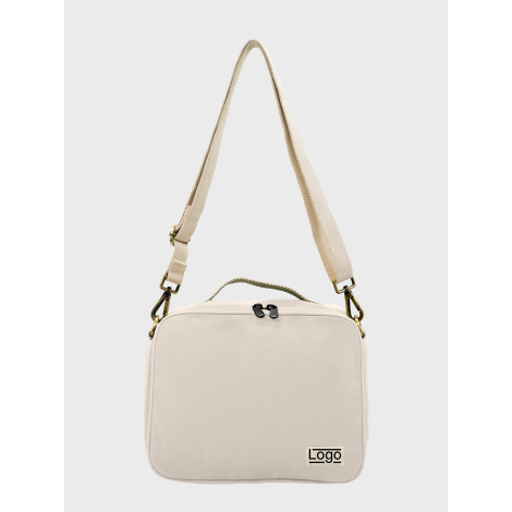 Sac isotherme écru vu de face avec étiquette et marquage visible.