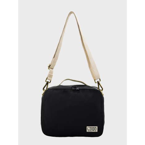 Sac isotherme noir vu de face avec étiquette et marquage visible.