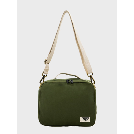 Sac isotherme vert olive vu de face avec étiquette et marquage visible