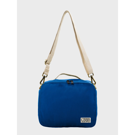 Sac isotherme bleu roi vu de face avec étiquette et marquage visible