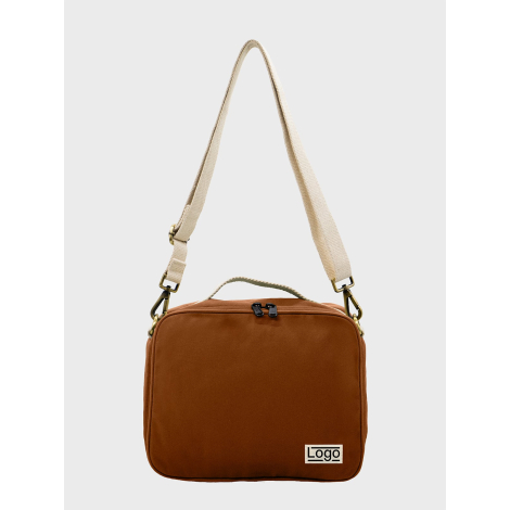 Sac isotherme cuivré vu de face avec étiquette et marquage visible.