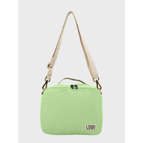 Sac isotherme vert d’eau vu de face avec étiquette et marquage visible