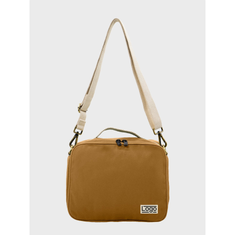 Sac isotherme ocre vu de face avec étiquette et marquage visible.