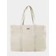 Sac de plage écru vu de face avec étiquette et marquage visible. Sac de plage écru vu de face avec étiquette et marquage visible.
