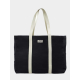 Sac de plage noir vu de face avec anses longues écrues et étiquette avec marquage visible. Sac de plage noir vu de face avec anses longues écrues et étiquette avec marquage visible.