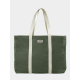 Sac de plage vert olive vu de face avec étiquette et marquage visible, poche latérale apparente Sac de plage vert olive vu de face avec étiquette et marquage visible, poche latérale apparente